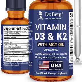 Gouttes liquides de Vitamine D3 K2 Dr. Berg 5000 IU - vue de face