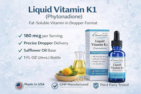 Gouttes liquides de vitamine K1 avec ingrédients à l'arrière-plan