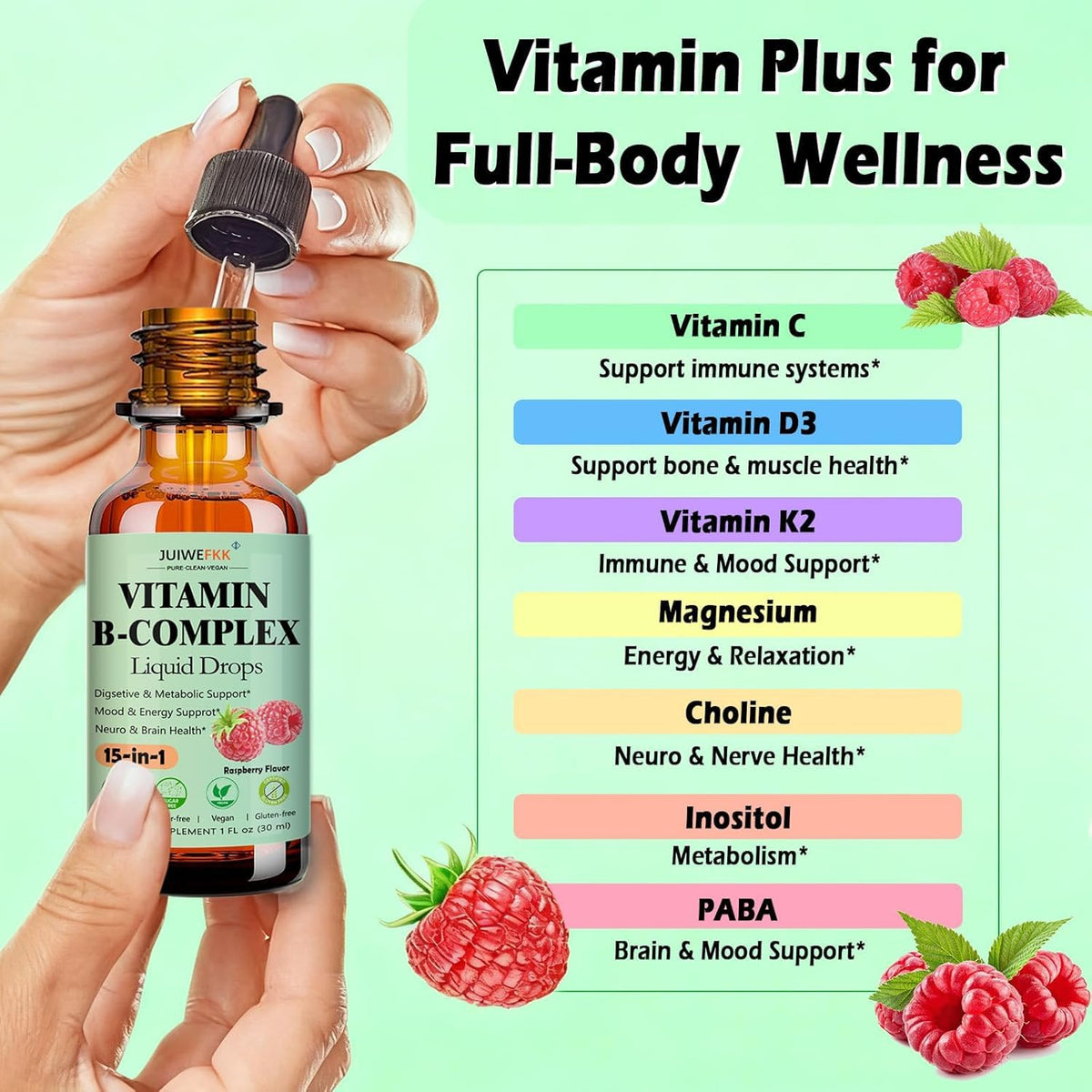Gouttes liquides de vitamines B JUIWEFKK avec étiquette et ingrédients