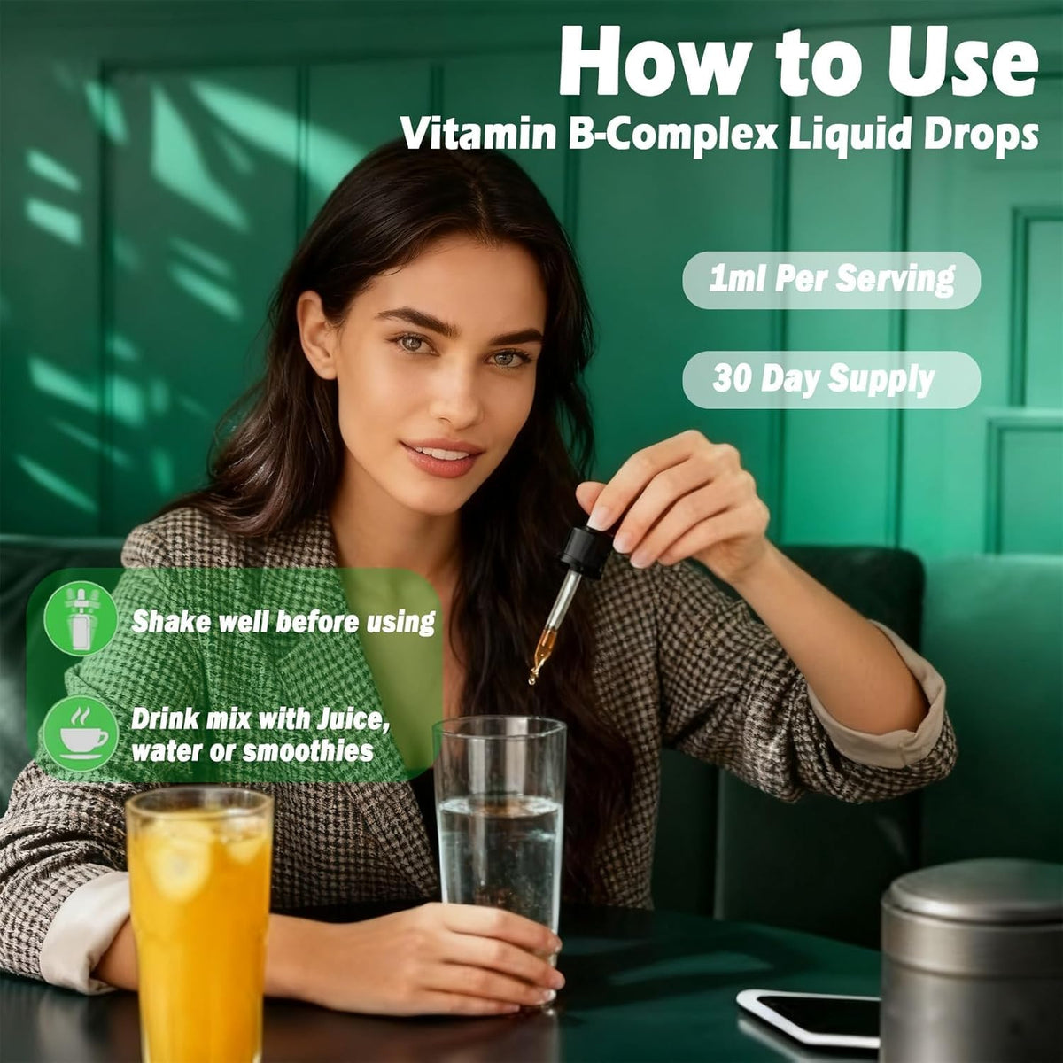 Gouttes liquides de vitamines B JUIWEFKK avec un verre d'eau