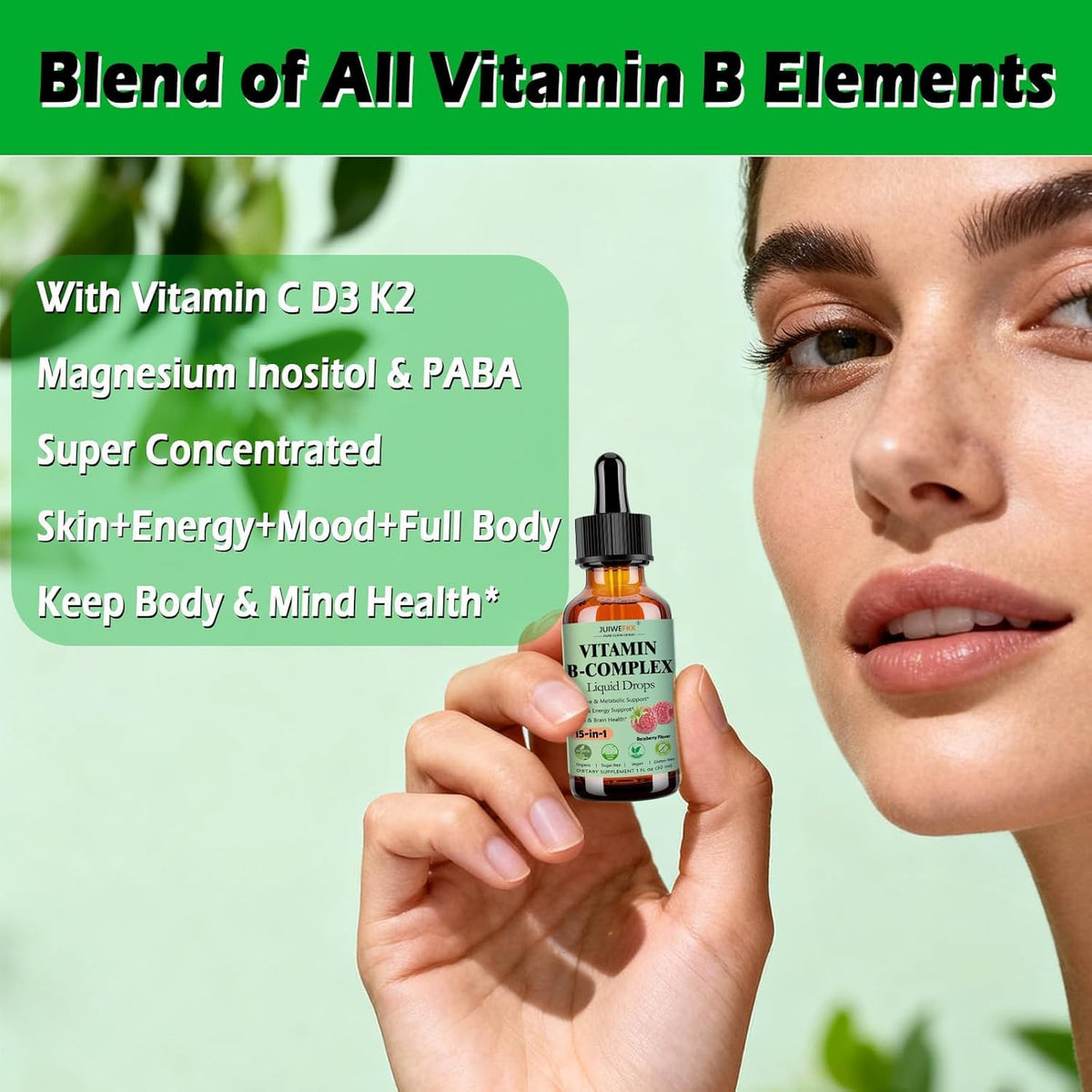 Gouttes liquides de vitamines B JUIWEFKK sur une table