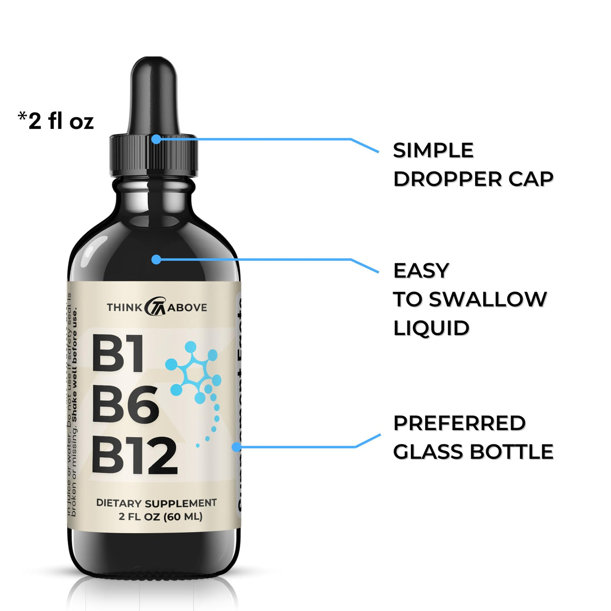 Gouttes liquides de vitamines B1, B6 et B12 en gros plan