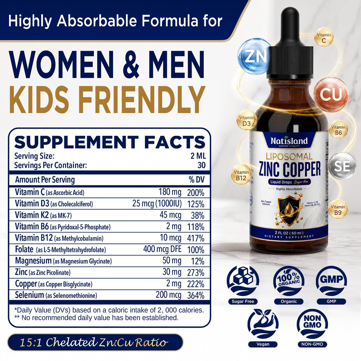 Gouttes liquides de Zinc Picolinate 30mg NATISLAND dans un compte-gouttes