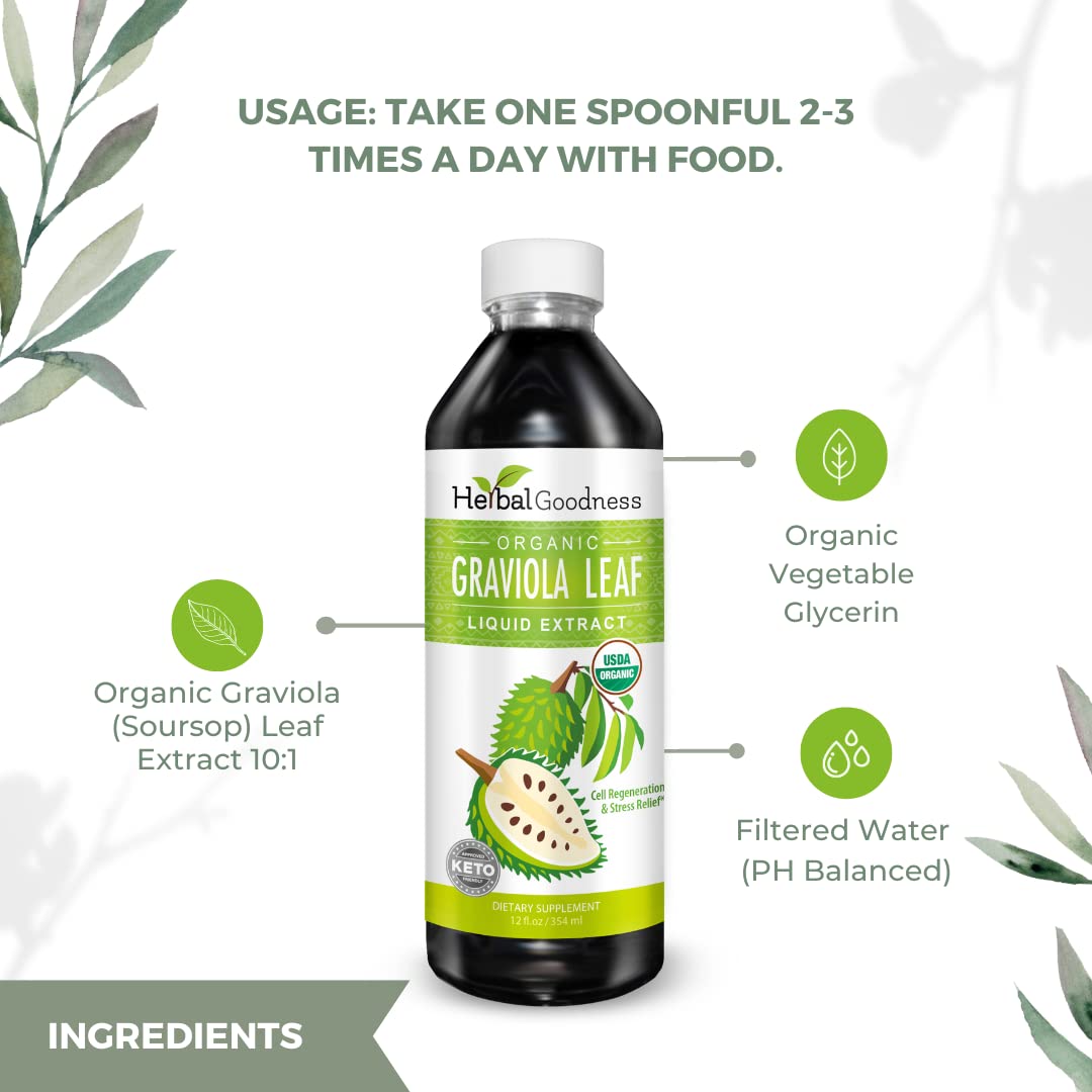 Gouttes liquides Graviola Soursop Herbal Goodness avec cuillère doseuse