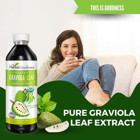 Gouttes liquides Graviola Soursop Herbal Goodness avec verre d'eau