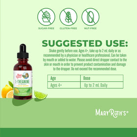 Gouttes liquides L-Theanine MARYRUTH'S sur une table avec un verre d'eau