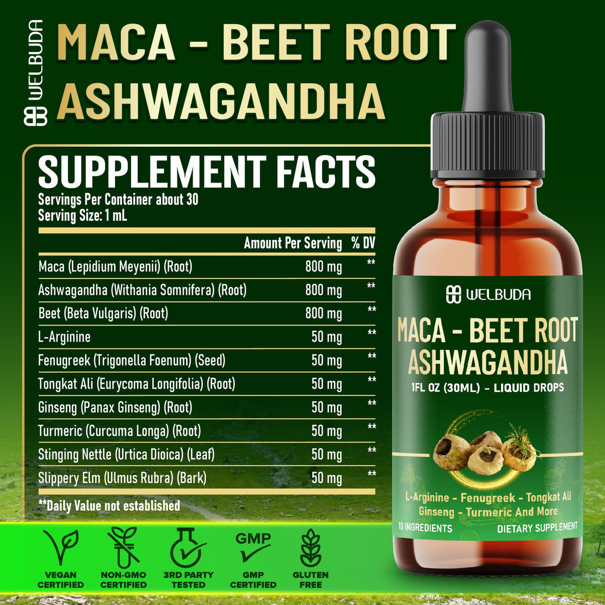 Gouttes liquides Maca WELBUDA sur une table en bois