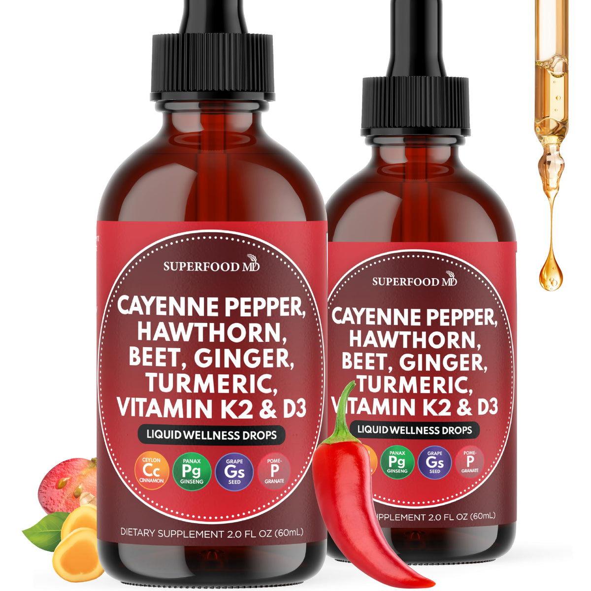Gouttes liquides Superfood MD au piment de cayenne 4 oz devant un fond neutre