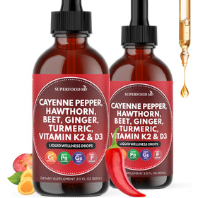 Gouttes liquides Superfood MD au piment de cayenne 4 oz devant un fond neutre