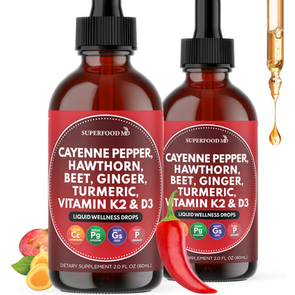 Gouttes liquides Superfood MD au piment de cayenne 4 oz devant un fond neutre