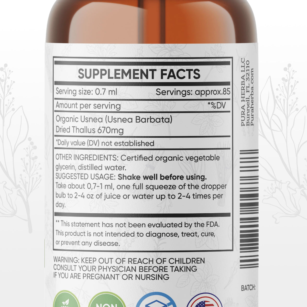 Gouttes liquides Usnée Bio Pura Herba avec ingrédients naturels