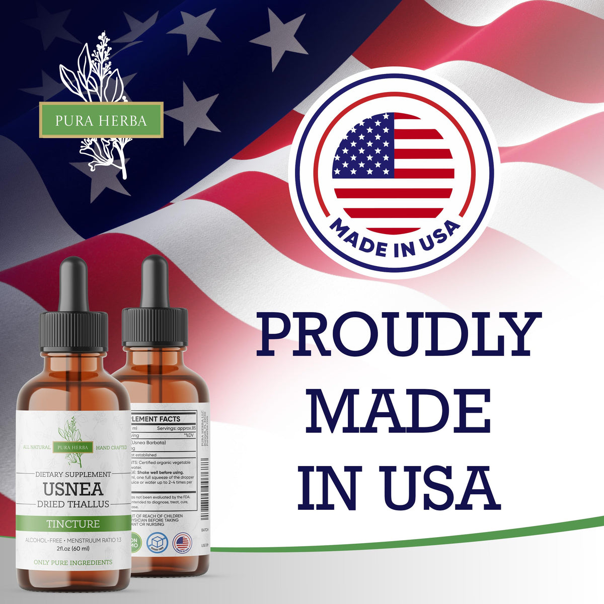 Gouttes liquides Usnée Bio Pura Herba sur un fond blanc