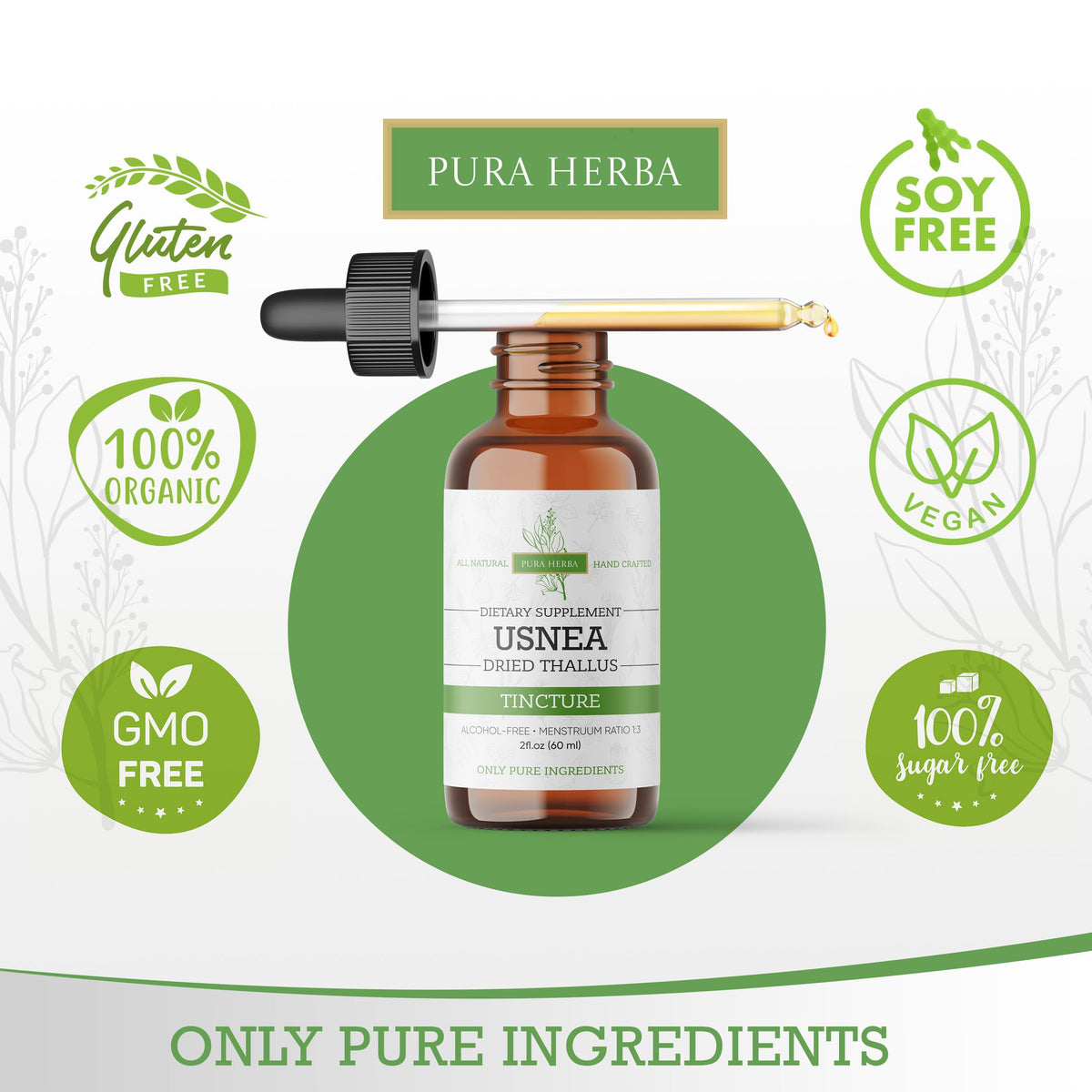 Gouttes liquides Usnée Bio Pura Herba versées dans une cuillère
