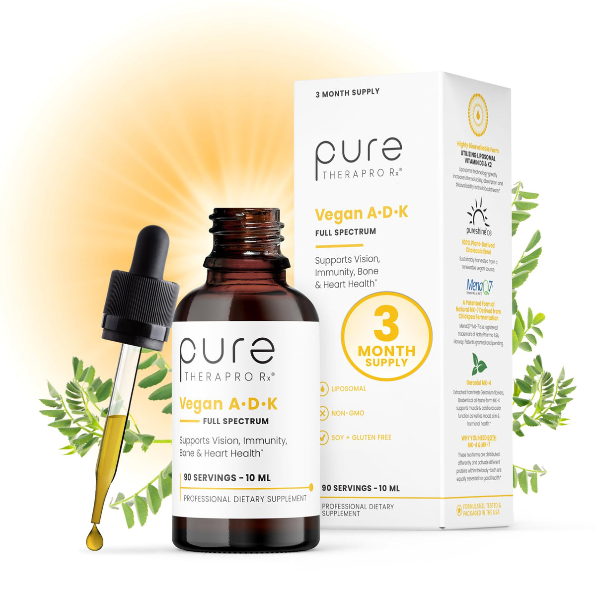 Gouttes Liquides Vegan A, D3 et K2 Pure Therapro Rx 10 mL vue avant