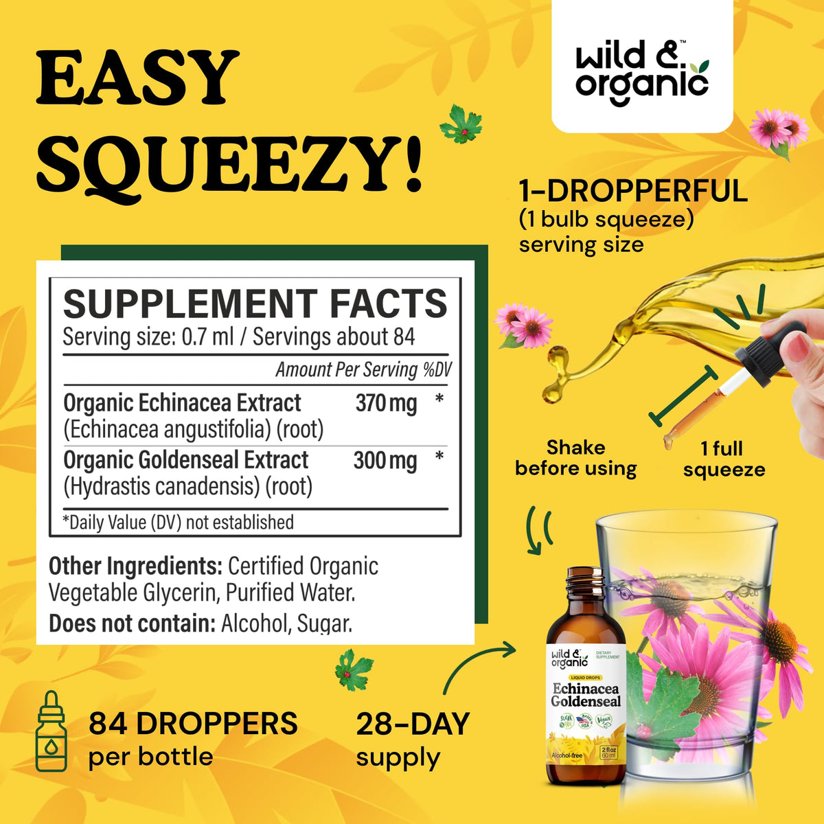 Gouttes liquides Wild & Organic Echinacea Goldenseal avec pipette
