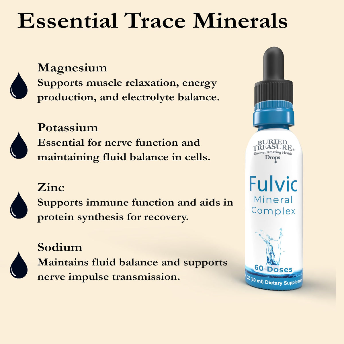 Gouttes minérales Fulvic de Buried Treasure, flacon ouvert avec goutte