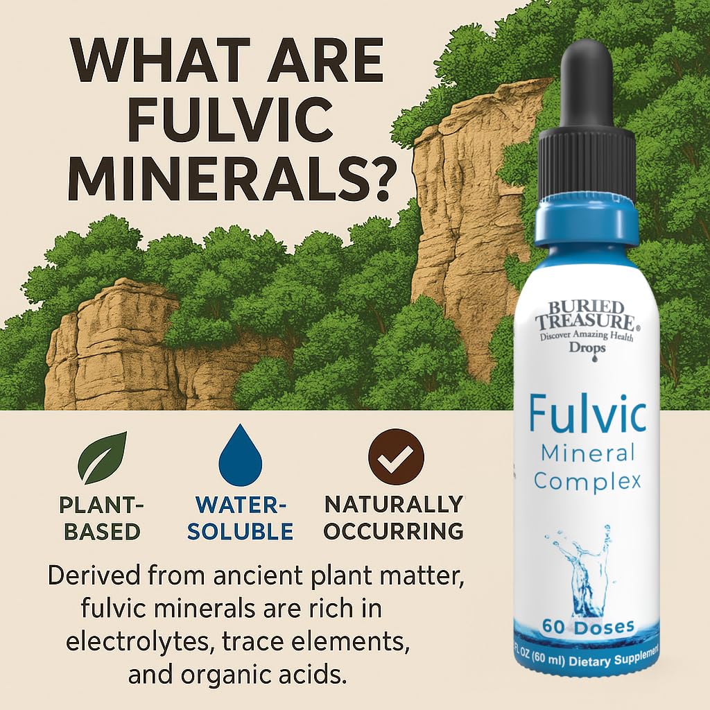 Gouttes minérales Fulvic de Buried Treasure, présentation du produit sur fond neutre