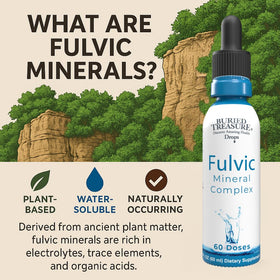 Gouttes minérales Fulvic de Buried Treasure, présentation du produit sur fond neutre