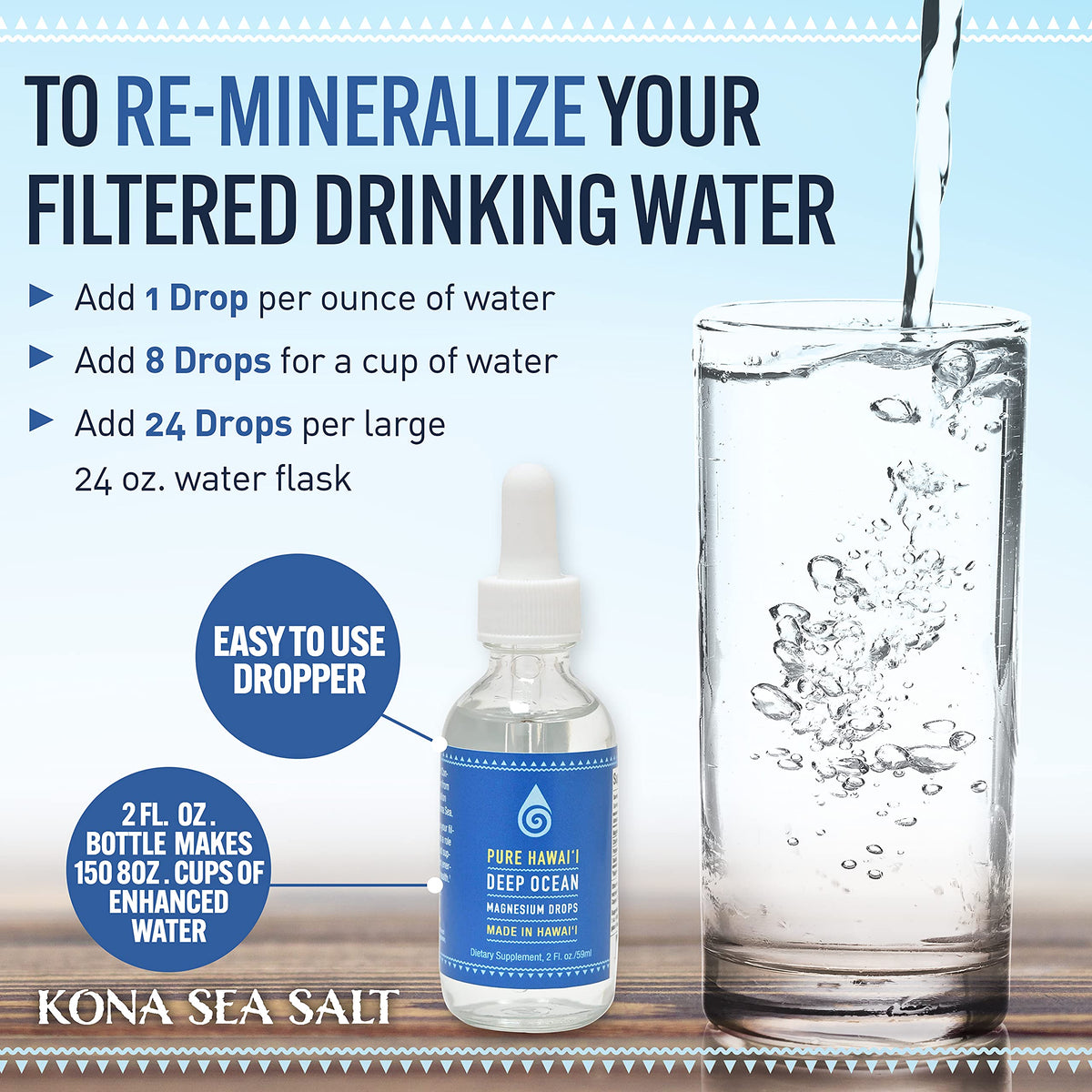 Gouttes minérales Kona Sea Salt sur un plan de travail