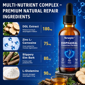 Gouttes Newpie de soulagement œsophagien 60ml, présentation sur une table