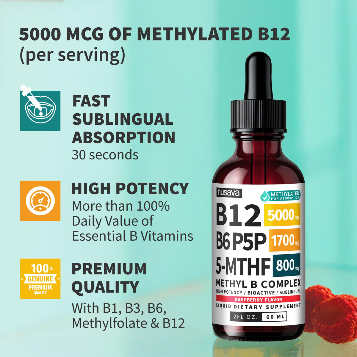 Gouttes NUSAVA de vitamine B12 sur un fond coloré