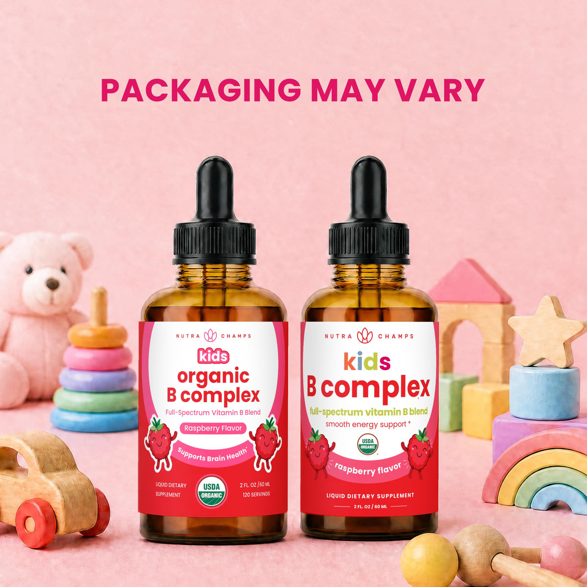 Gouttes NutraChamps B Complex pour enfants en présentation