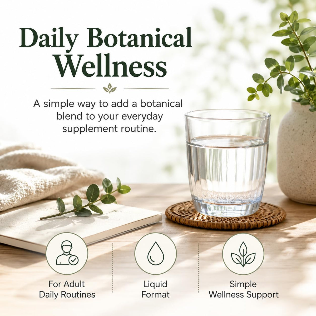 Gouttes NutriMuse sur une table avec des plantes en arrière-plan