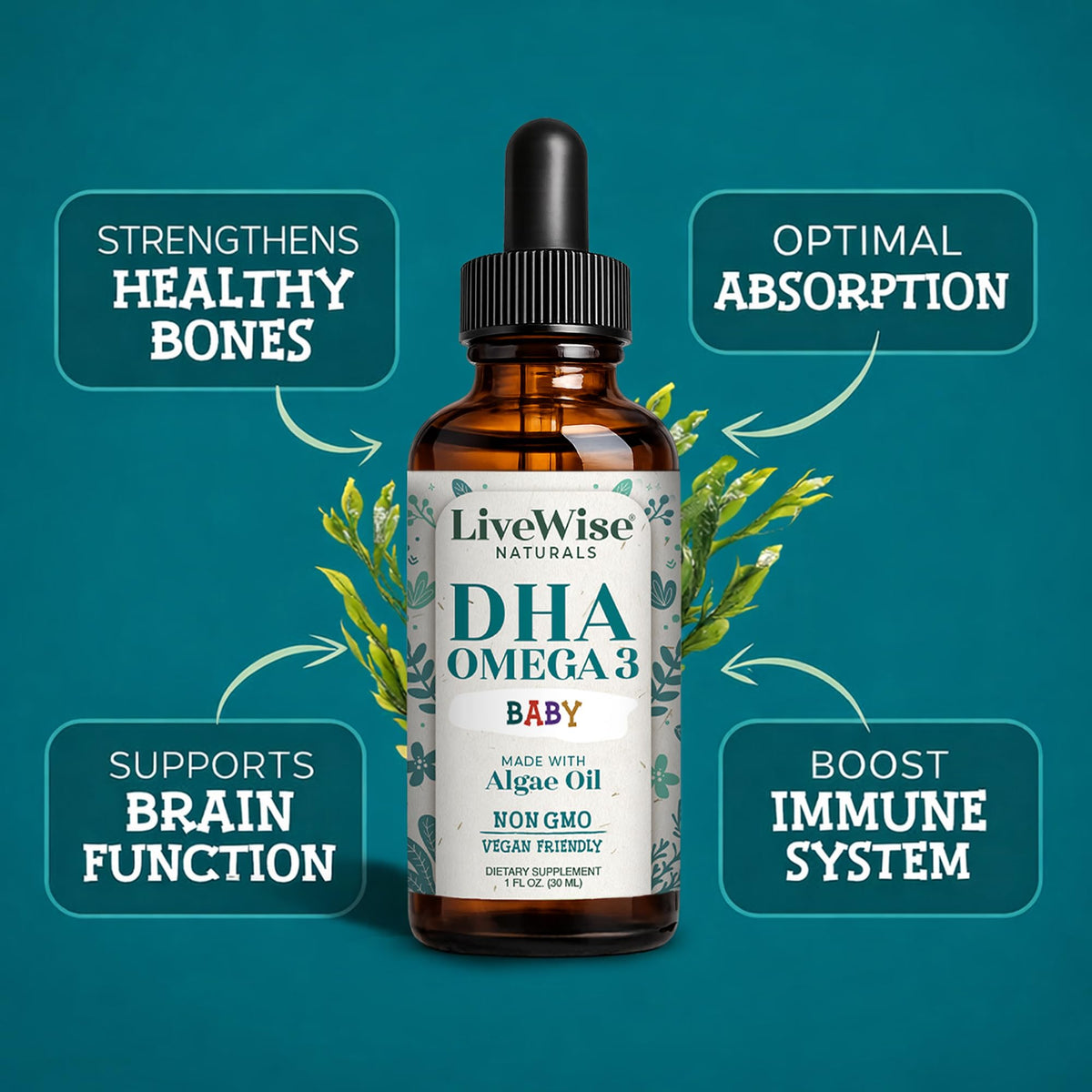 Gouttes Omega 3 DHA Vegan sur fond blanc
