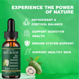 Gouttes Soursop Bitters sur une table en bois, ambiance santé