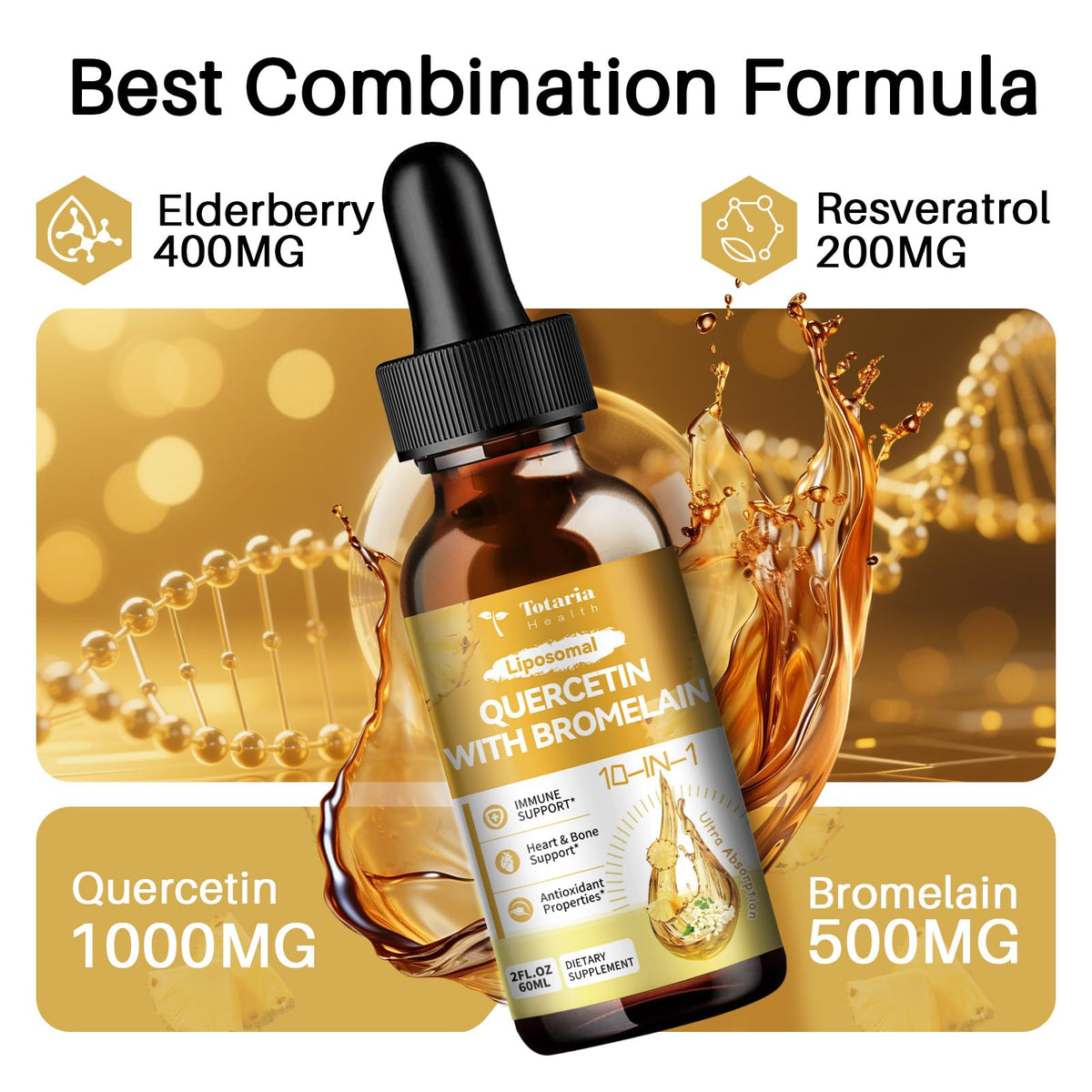 Gouttes Totaria Quercétine Liposomale 1000mg avec Bromélaïne 500mg, étiquette et dosage