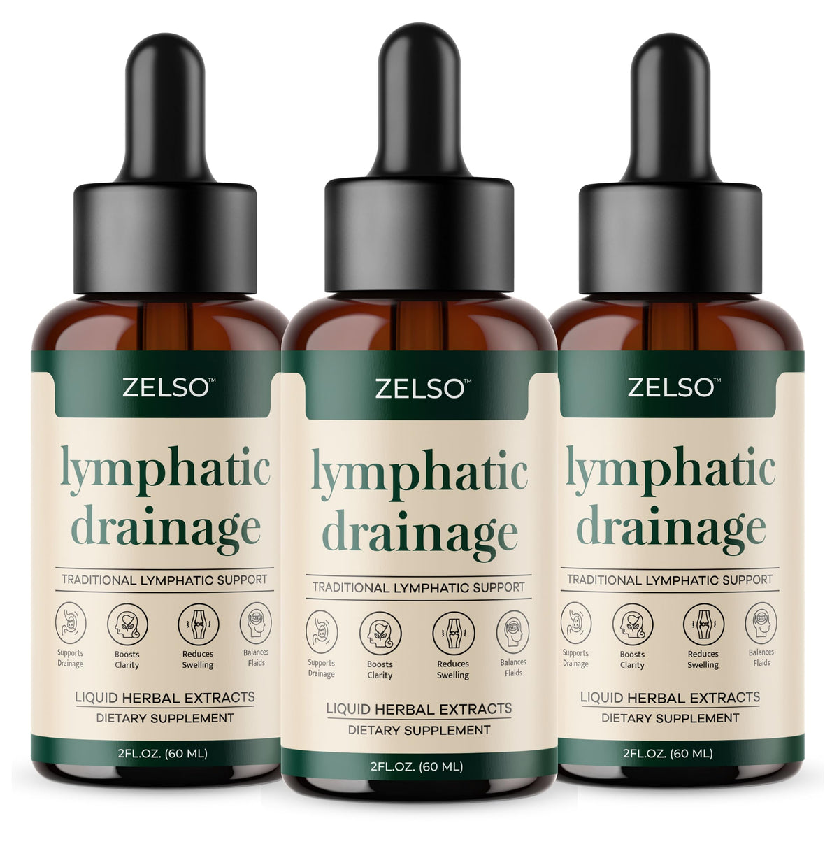 Gouttes ZELSO drainage lymphatique 3 flacons devant un fond blanc