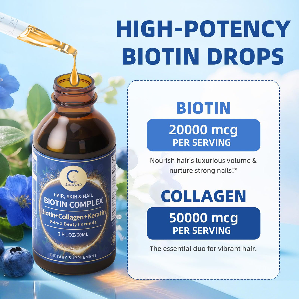 GPGP GreenPeople Gouttes de Biotine et Collagène 20000mcg étiquette