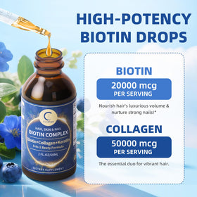GPGP GreenPeople gouttes de biotine et collagène près d'un verre d'eau