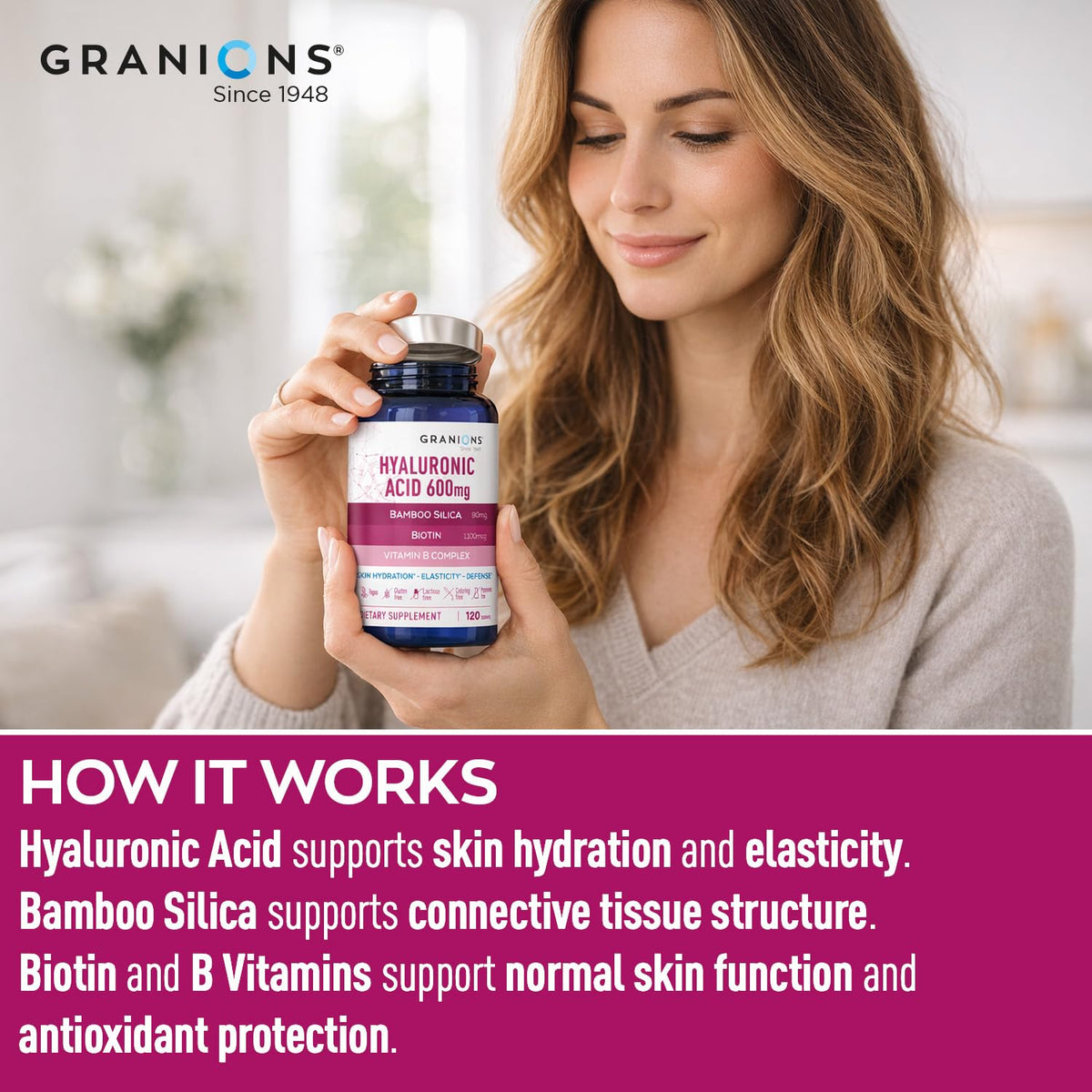 Granions Acide Hyaluronique 600mg comprimés sur un fond neutre
