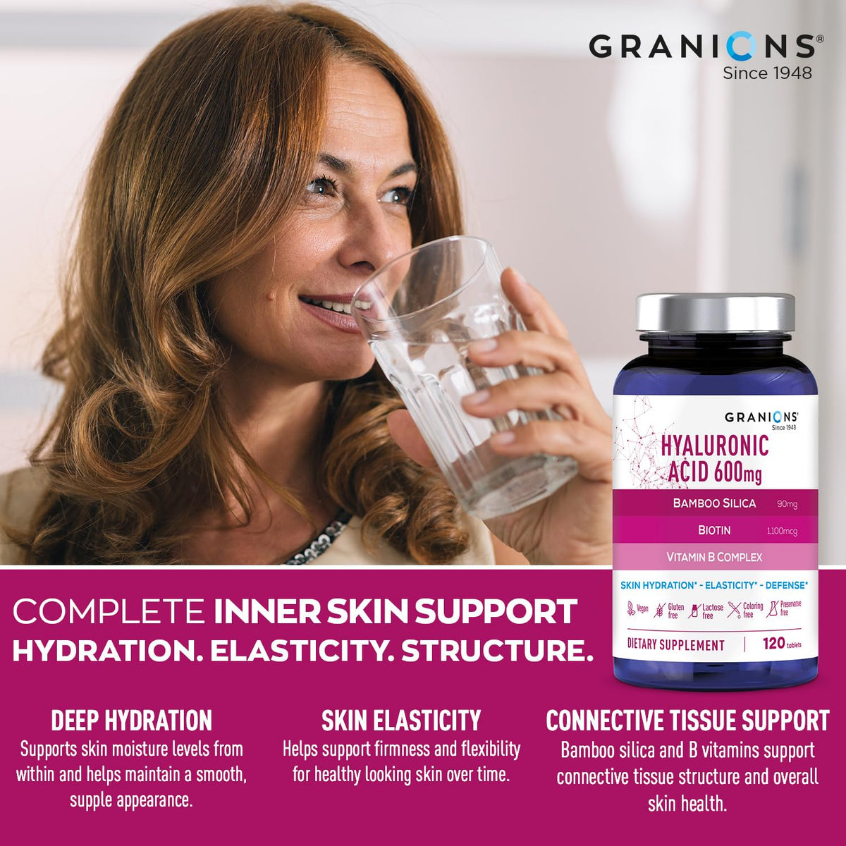 Granions Acide Hyaluronique 600mg comprimés sur une table