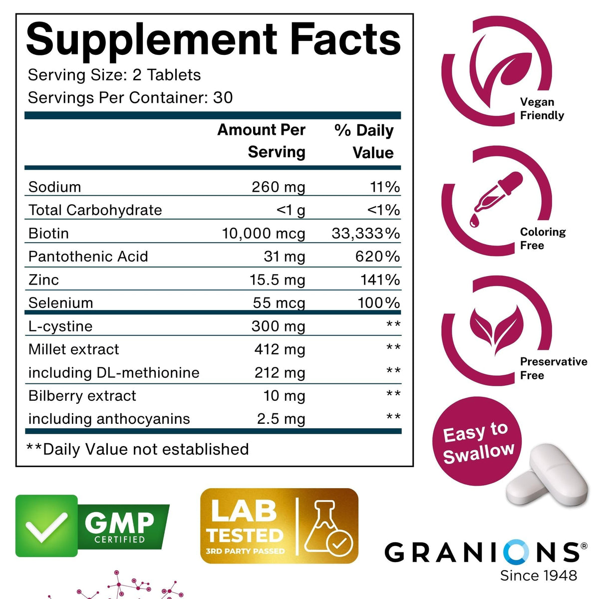 Granions Biotine 10 000 mcg comprimés avec verre d'eau
