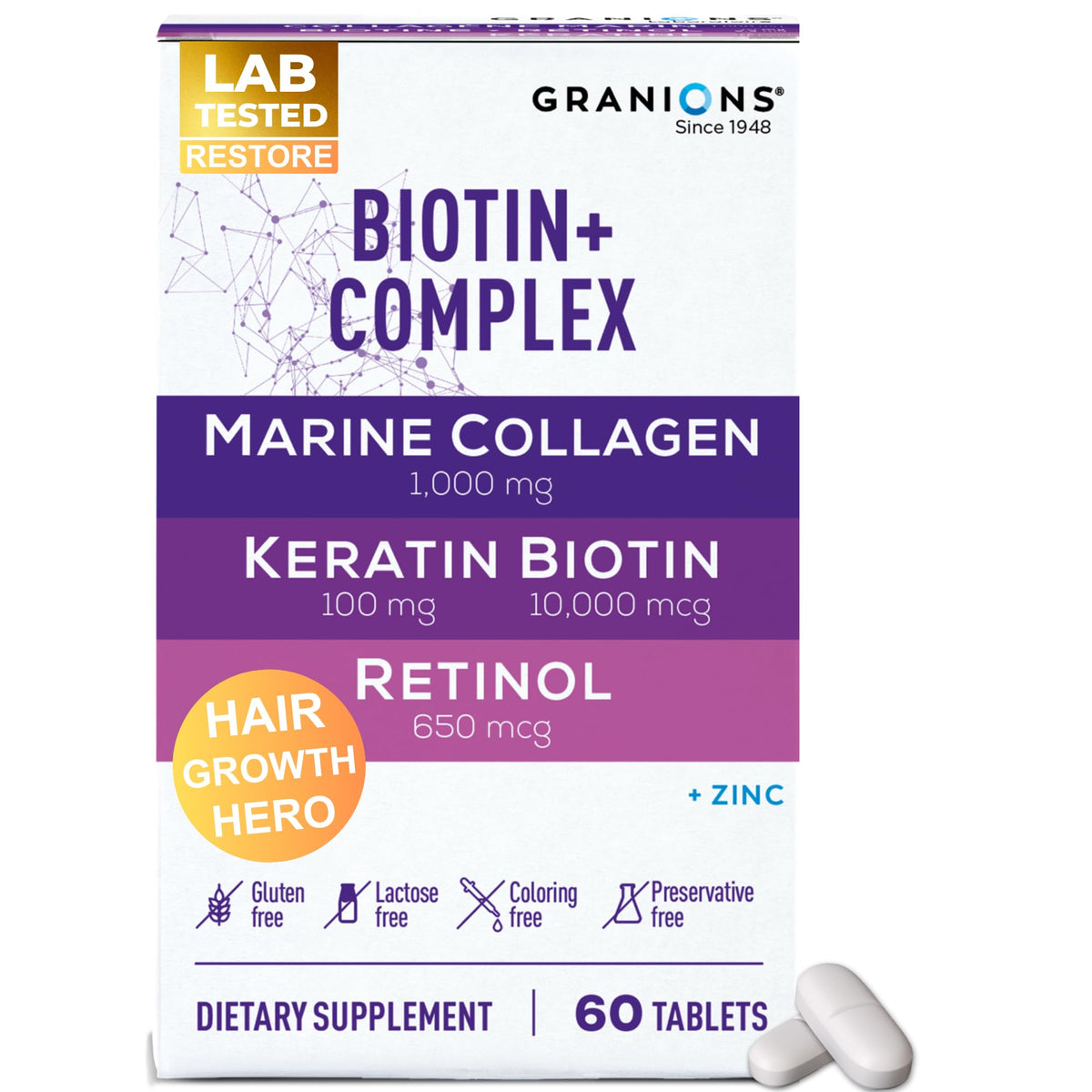 Granions compléments alimentaires Biotine Collagène Keratine 60 comprimés packaging avant