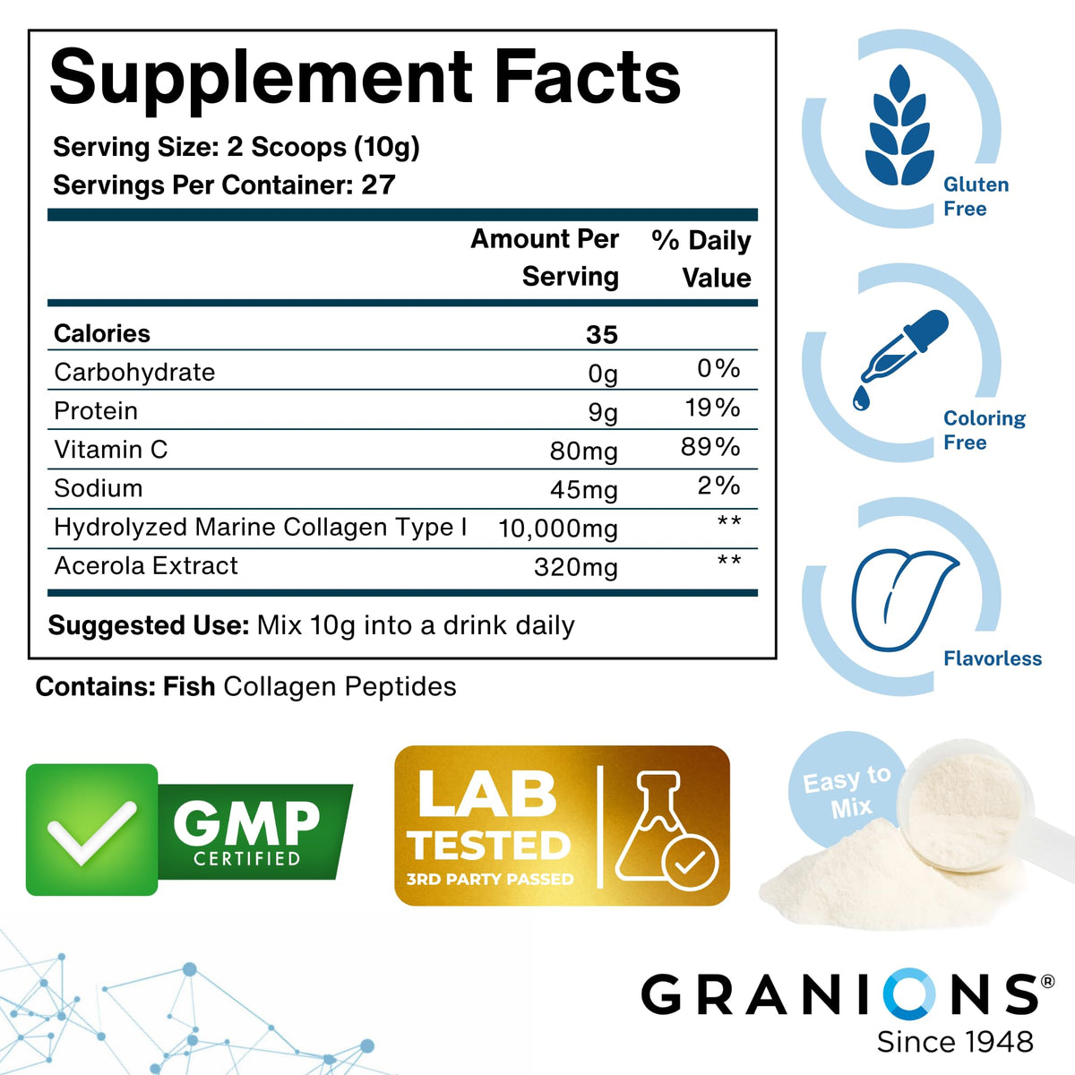 Granions Poudre de Collagène Marin Non Aromatisée 10g format 440g