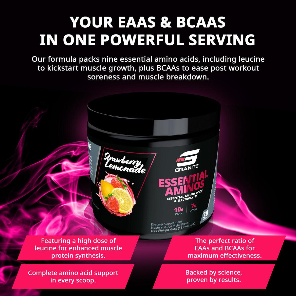 Granite Supplements Poudre d'Aminos Essentiels 448g en saveur Fraise Citron