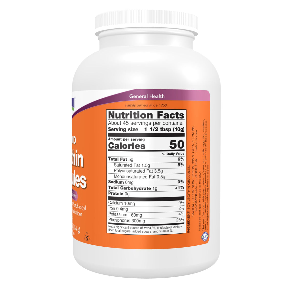 Granulés de lécithine NOW Foods 531 g, emballage