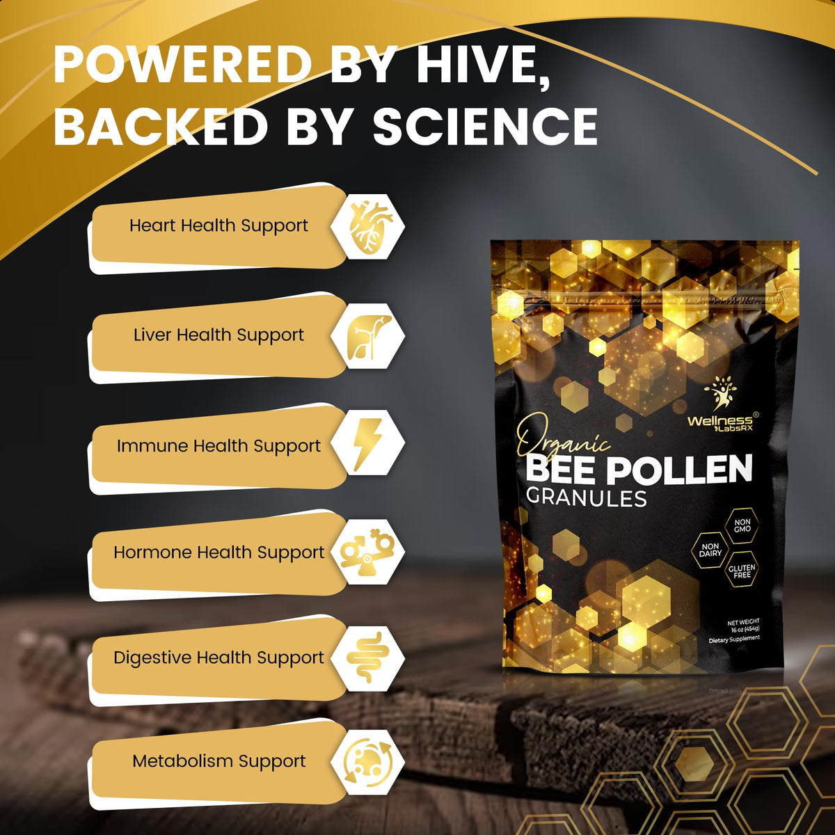 Granules de pollen d'abeille bio WELLNESS LABSRX, en préparation dans un smoothie