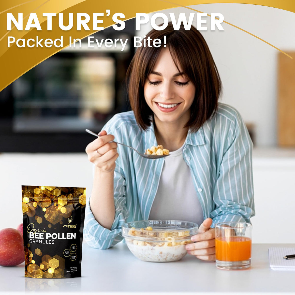 Granules de pollen d'abeille bio WELLNESS LABSRX sur une cuillère