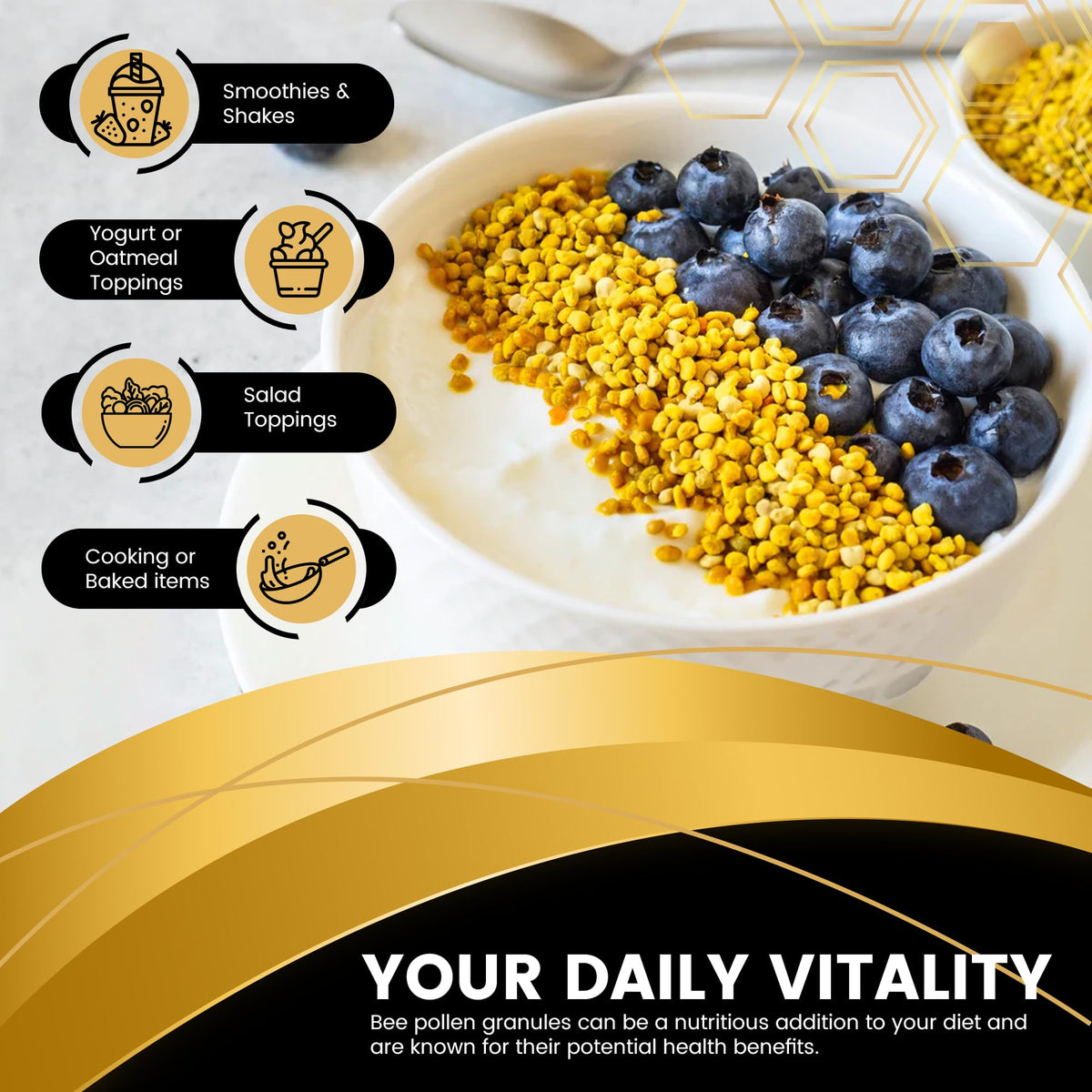 Granules de pollen d'abeille bio WELLNESS LABSRX, sur une table avec d'autres aliments