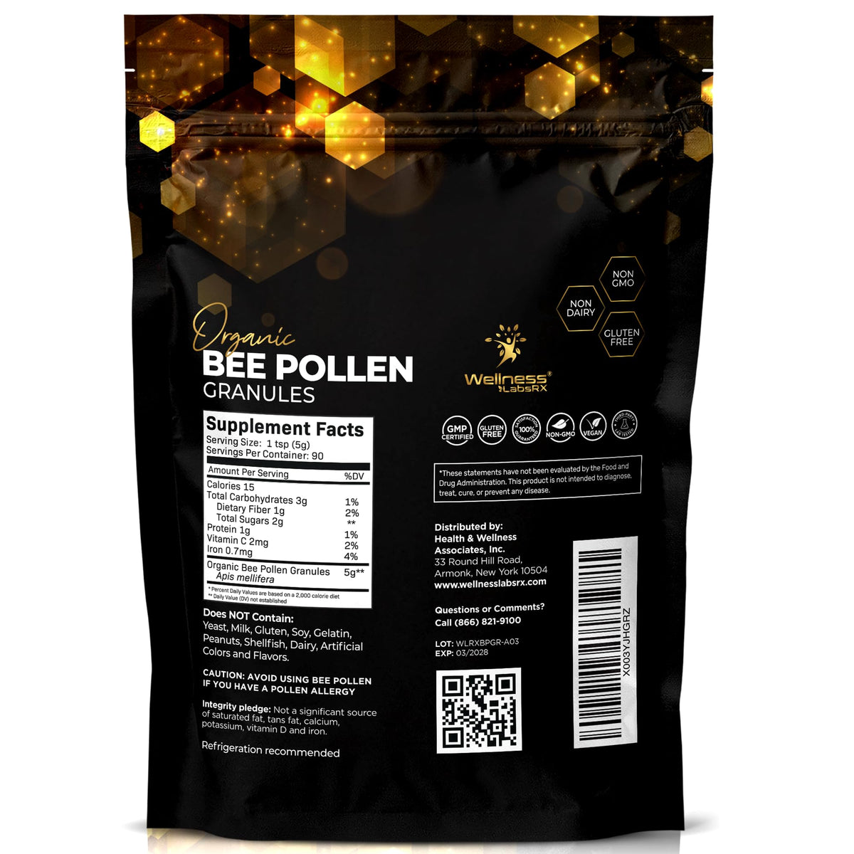 Granules de pollen d'abeille bio WELLNESS LABSRX, vue arrière du paquet