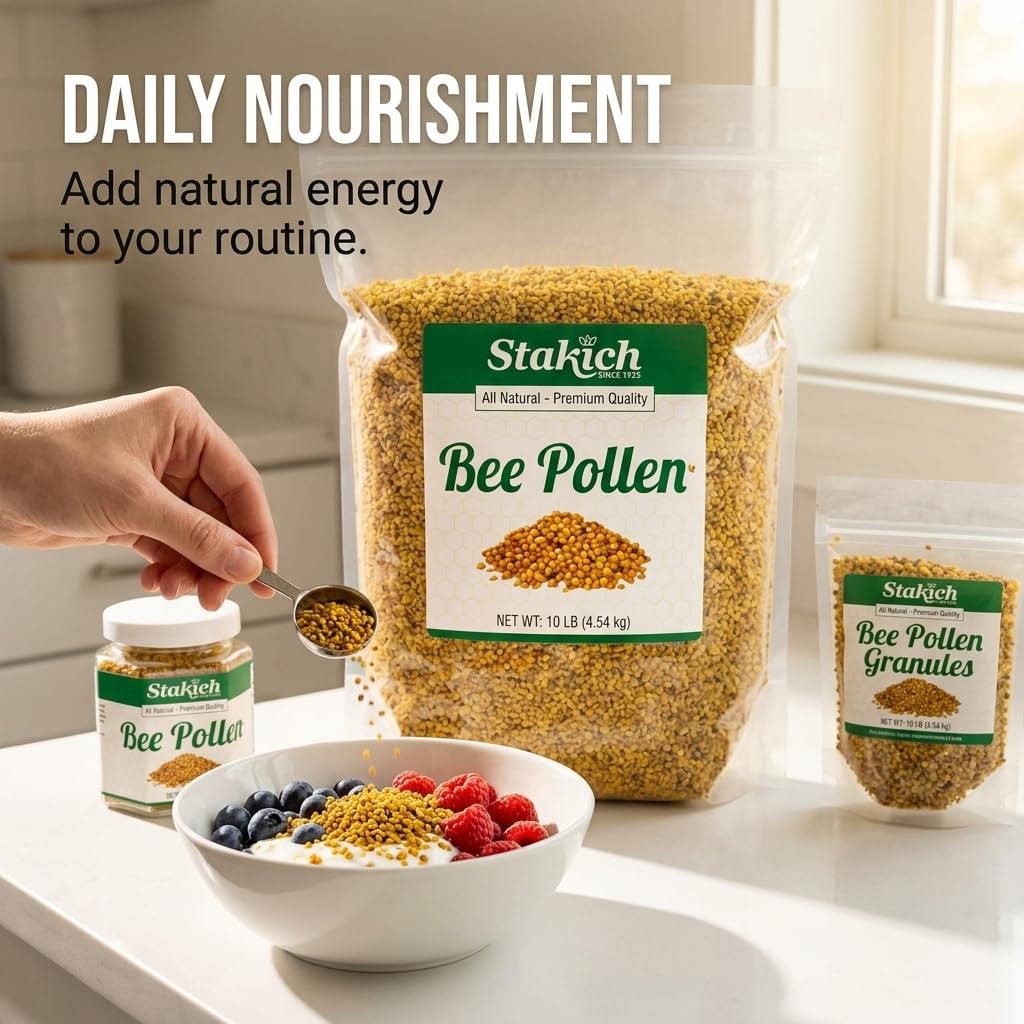 Granules de pollen d'abeille Stakich en vue de côté