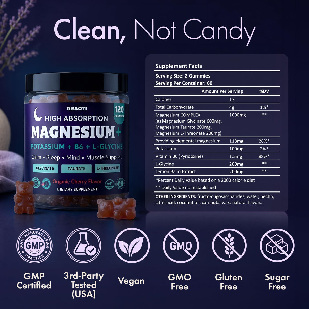 GRAOTI gummies de magnésium sur une table en bois
