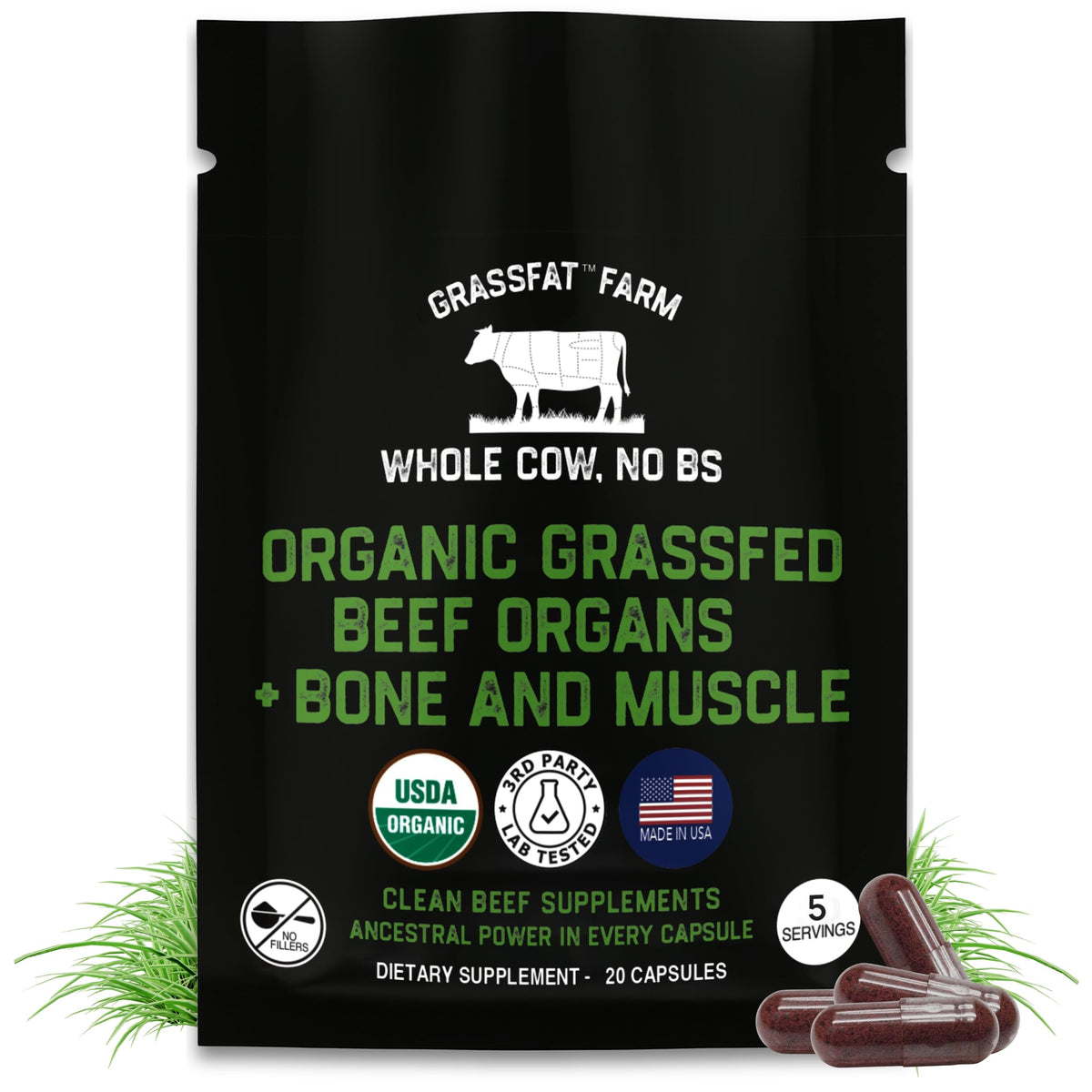 Grassfat Complément Alimentaire 100% Viande de Bœuf Bio 20 Capsules, vue de face