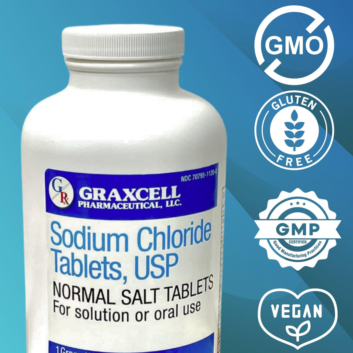 Graxcell Comprimés de Chlorure de Sodium 1g - Flacon ouvert avec comprimés