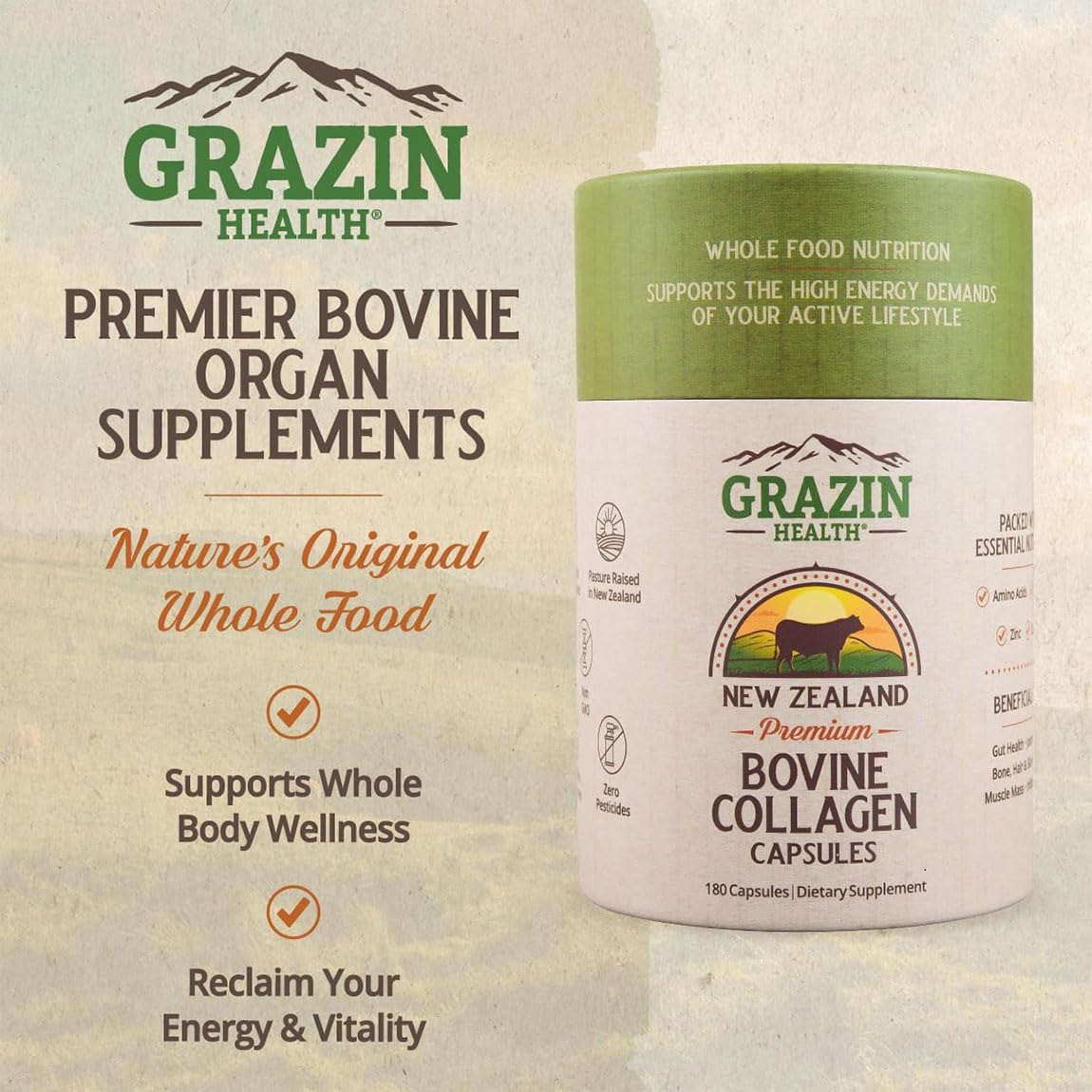 GRAZIN HEALTH Capsules de Collagène Bovin 3000mg sur fond blanc