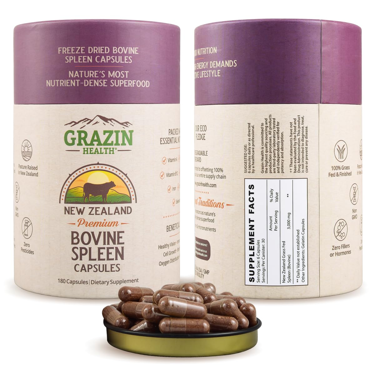 GRAZIN HEALTH capsules de rate bovine vue de face avec étiquette